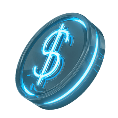 A glowing blue dollar sign illuminated against a dark background, symbolizing pricing for web development services.