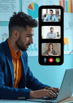 A man in a suit engages in a video chat on his laptop, showcasing a professional web design environment.